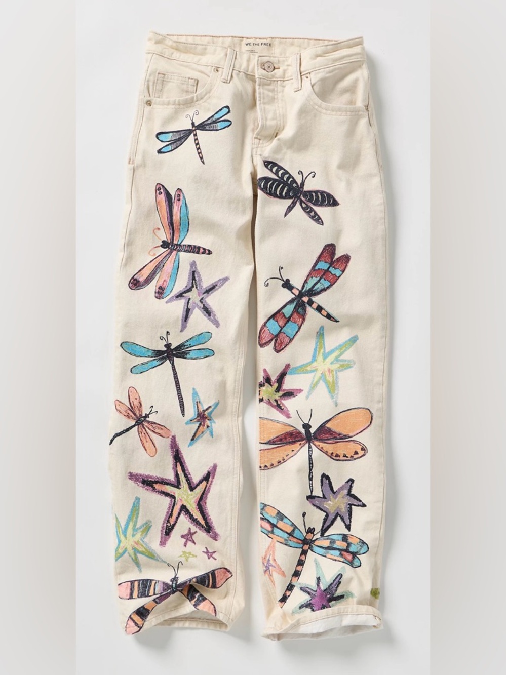 We The Free Cream Wide-Leg Jeans with Multicolor Dragonfly Art Illusions Jean 🔥 - Picture 2 of 4